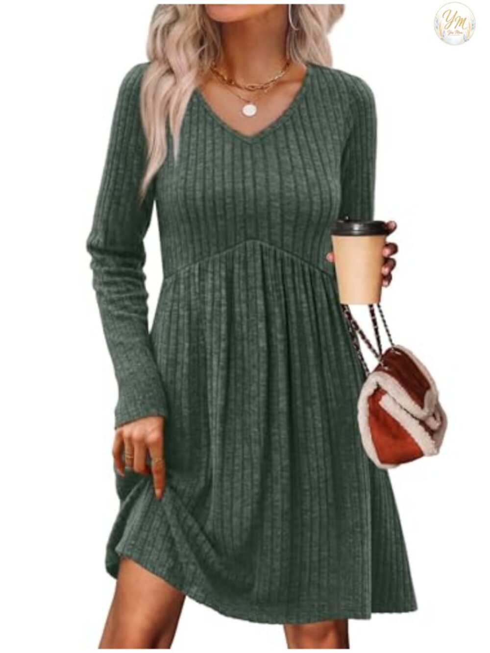 V Neck Empire Waist Sweater Dress with Pockets Long Sleeve Casual Fall Midi